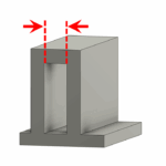 Double-sided unsupported overhang in a 3D-printed part, with red dashed arrows indicating a maximum printable span without support
