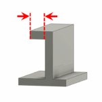 Horizontal surface with no support underneath, highlighted by red dashed arrows to show the maximum printable free overhang length
