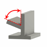 Unsupported overhang surface with red dashed lines and arrows illustrating the maximum printable free overhang angle