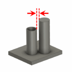 Two vertical printed features with red dashed arrows indicating the minimum required spacing between adjacent structures in ceramic 3D printing
