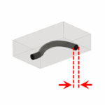 Semi-transparent rectangular part with a curved internal channel; red arrows indicate the smallest printable channel diameter