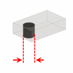 Cross-section of a semi-transparent printed part showing a short, straight hole with red arrows indicating the minimum printable diameter in thin wall sections