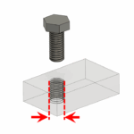 3D illustration of a hexagonal bolt positioned above a transparent ceramic block with an internal thread, indicating the smallest grindable internal thread size for different ceramic materials