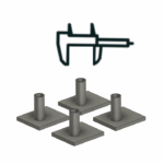 3D illustration showing multiple ceramic parts with cylindrical features and a digital caliper above them, representing the general tolerance for fully automated grinding of ceramic in production runs