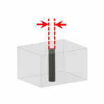 visualization of the smallest drillable hole in ceramic milling, showing a cylinder inside a transparent block with red arrows indicating the hole diameter